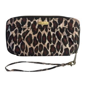Travelon RFID Wallet Cheetah Print Zip Around Clutch Wristlet Brown Black
